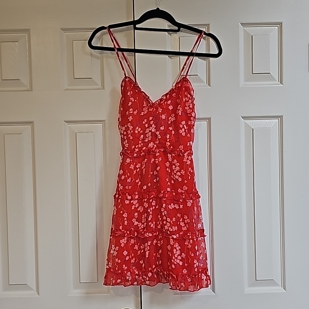 ASOS Red Floral Tiered Mini Dress with Double Spaghetti Straps